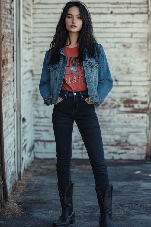 A woman in high-rise, dark-wash ankle jeans paired with black short cowboy boots, wearing a casual graphic tee tucked in, layered with a faded denim jacket