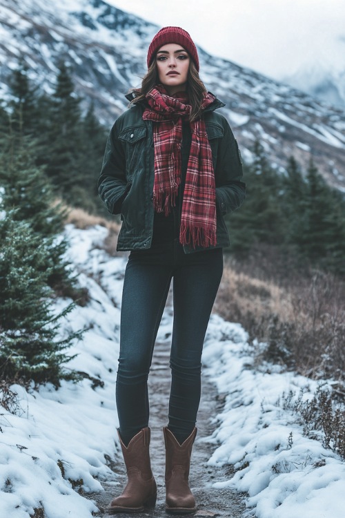 A woman in high-waisted black skinny jeans and distressed brown short cowboy boots, layered with a thick red plaid scarf, a long down parka, and a knit beanie (2)