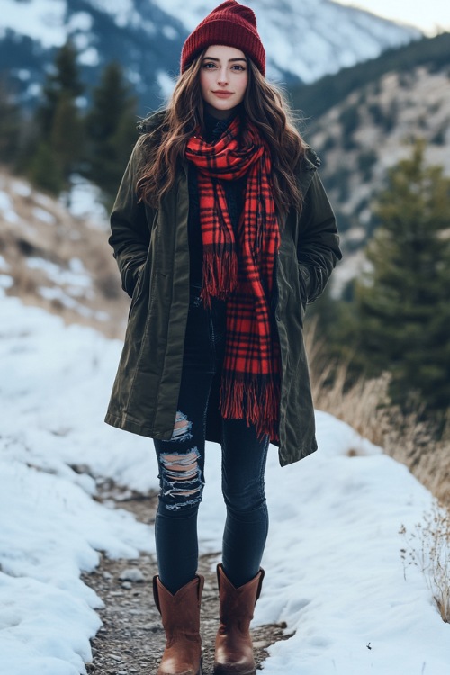 A woman in high-waisted black skinny jeans and distressed brown short cowboy boots, layered with a thick red plaid scarf, a long down parka, and a knit beanie