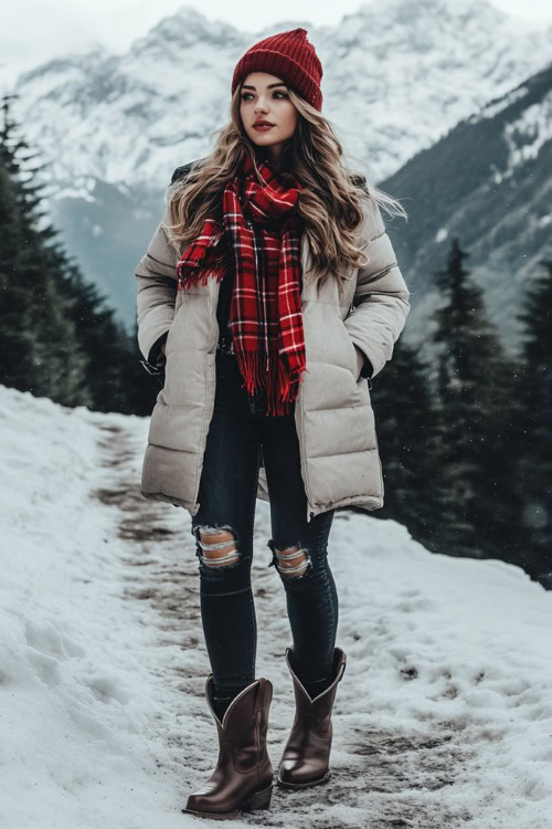 A woman in high-waisted black skinny jeans and distressed brown short cowboy boots, layered with a thick red plaid scarf, a long down parka