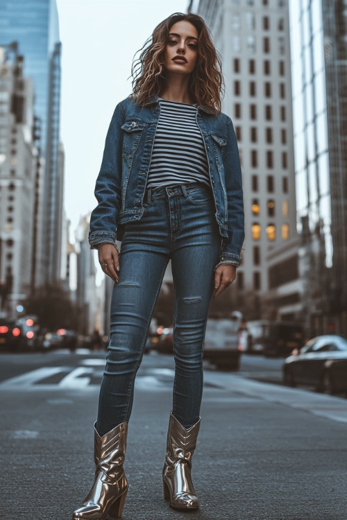 A woman in mid-rise distressed skinny jeans and metallic short cowboy boots, styled with a fitted striped t-shirt, an oversized denim jacket