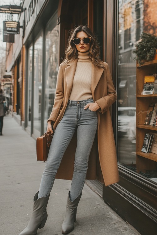 A woman in straight-leg jeans cuffed above gray short cowboy boots, wearing a fitted beige turtleneck and a stylish camel overcoat,