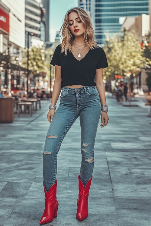 A woman rocking frayed hem skinny jeans and red short cowboy boots, paired with a tucked-in black V-neck tee and layered silver jewelry