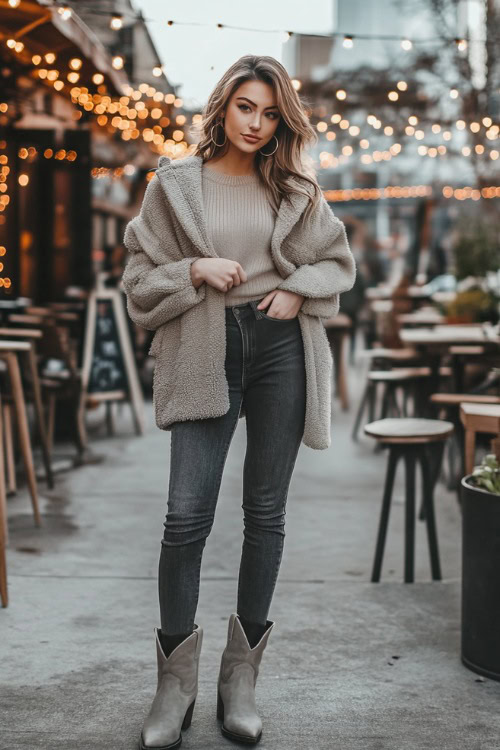 A woman wearing dark denim jeans and gray suede short cowboy boots, styled with a warm beige sweater and a leather jacket, accessorized with hoop earrings and a crossbody bag