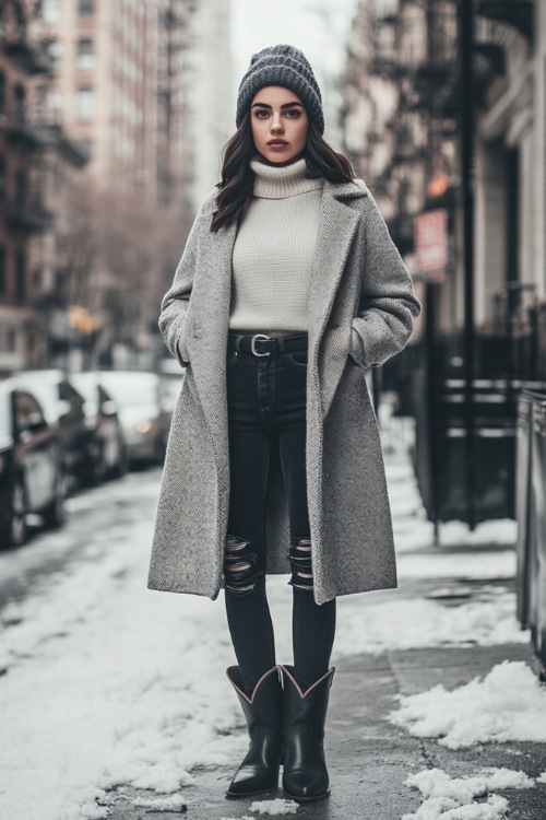 A woman wearing dark skinny jeans tucked into black short cowboy boots, styled with a cozy oversized cream turtleneck sweater, layered with a long gray wool coat