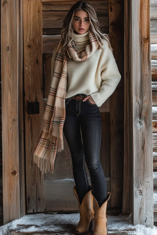 A woman wearing dark skinny jeans tucked into tan short cowboy boots, paired with a cream oversized turtleneck sweater, and a plaid scarf draped around her shoulders