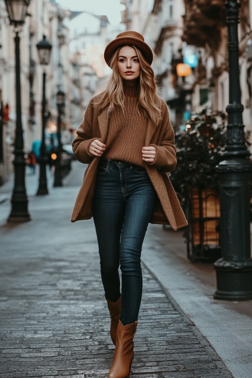 A woman wearing dark-wash cropped jeans and tan short cowboy boots, styled with a cozy oversized knit sweater and a tailored coat