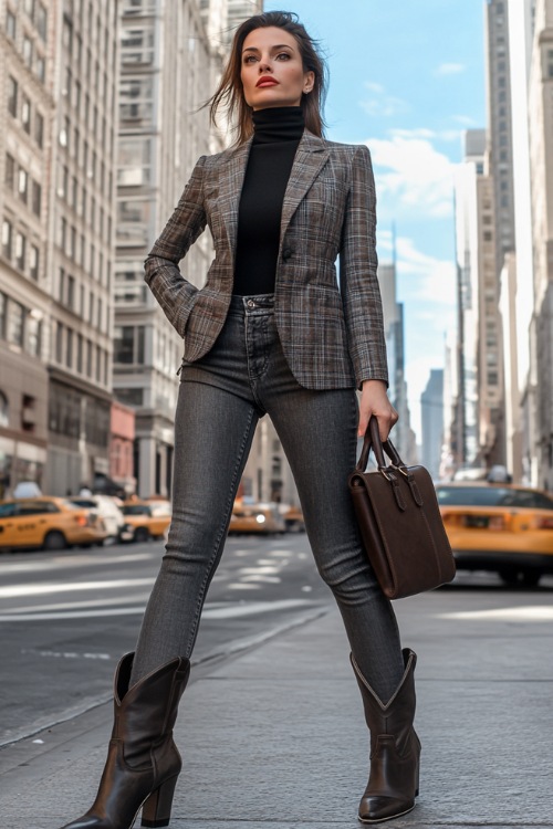 A woman wearing high-rise skinny jeans paired with dark gray short cowboy boots, layered with a fitted black turtleneck and a long plaid blazer