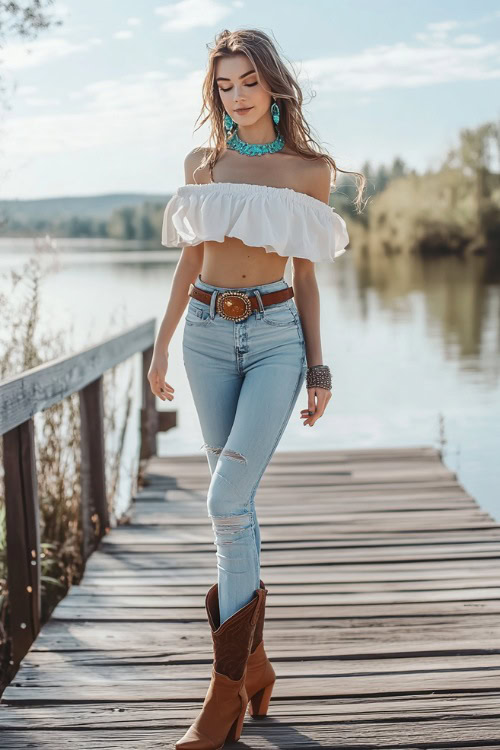 A woman wearing light-wash cropped skinny jeans with tan short cowboy boots, styled with a loose, off-shoulder white blouse