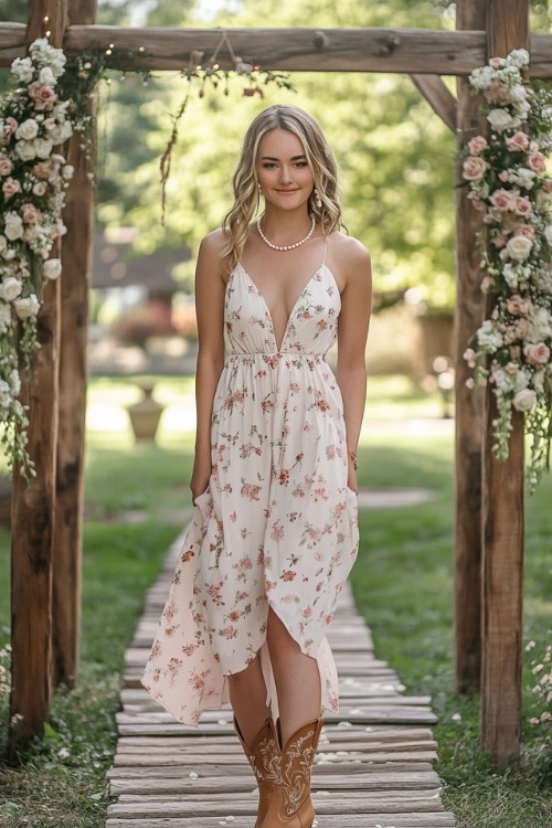 A woman wears brown cowboy boots with a floral dress to a wedding