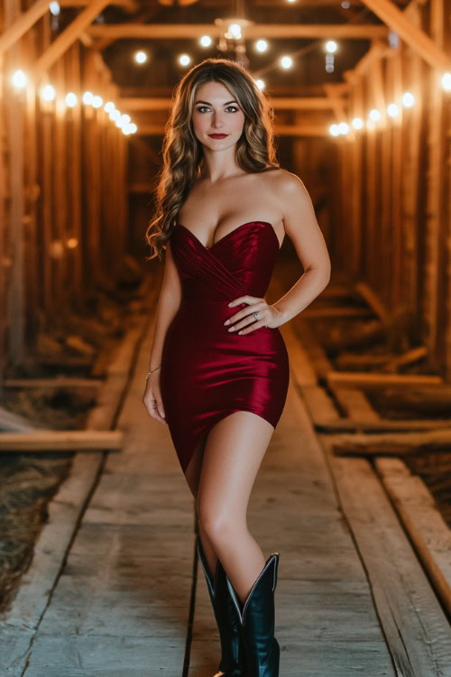 Woman in a deep red cocktail dress, black cowboy boots, and a clutch, posing at a candlelit barn wedding reception