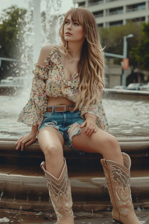 a woman wears a floral blouse, denim shorts and cowboy boots