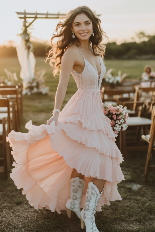 a woman wears a light pink long dress with white cowboy boots