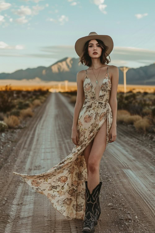 a woman wears a long thigh slit floral dress and black cowboy boots