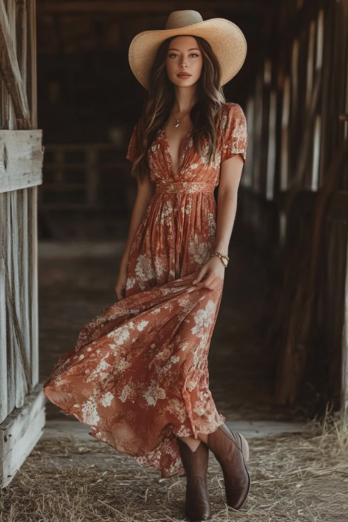 a woman wears a rust long dress and short brown cowboy boots