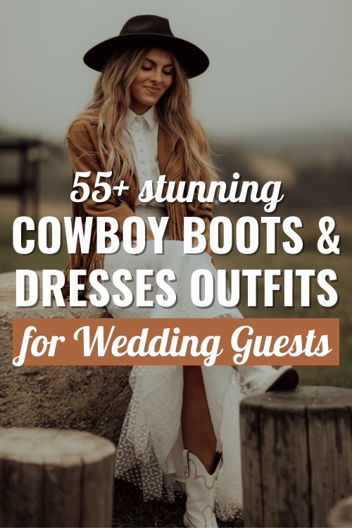 a woman wears a white wedding guest dress with cowboy boots