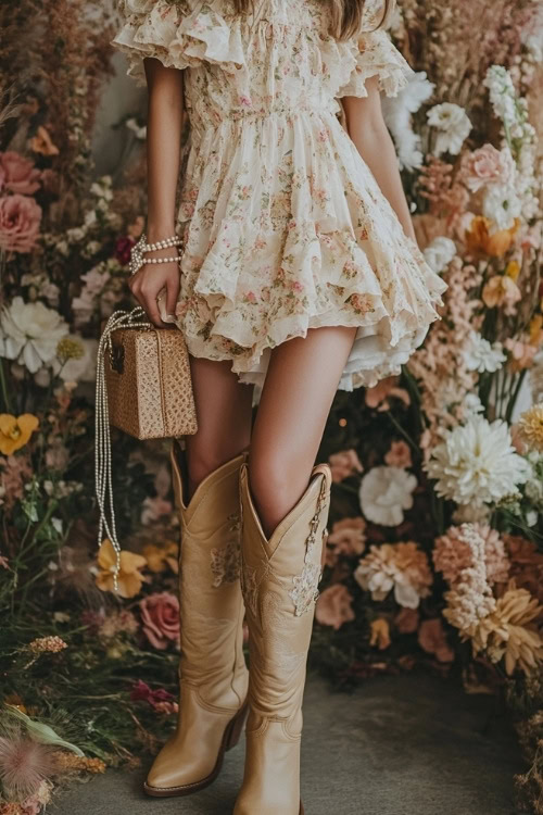 wedding guest wearing a ruffled midi dress with a floral pattern, tan knee-high cowboy boots, and a pearl clutch