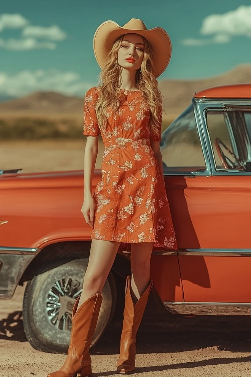 woman in a terracotta midi dress, knee-high tan cowboy boots, and a floppy sun hat, standing beside a vintage wedding car