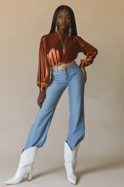 A Western-chic look with white cowboy boots, flared blue jeans, and a rust-colored satin blouse tucked in