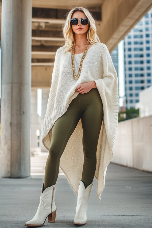 A Western-inspired outfit with white cowboy boots, deep olive green leggings, and a lightweight cream-colored poncho