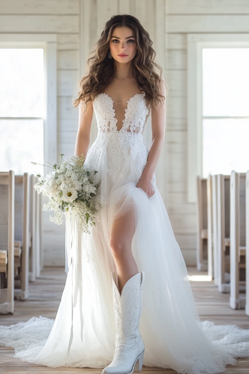 A beautiful bride wearing a flowy A-line wedding dress with lace details, paired with white cowboy boots (2)