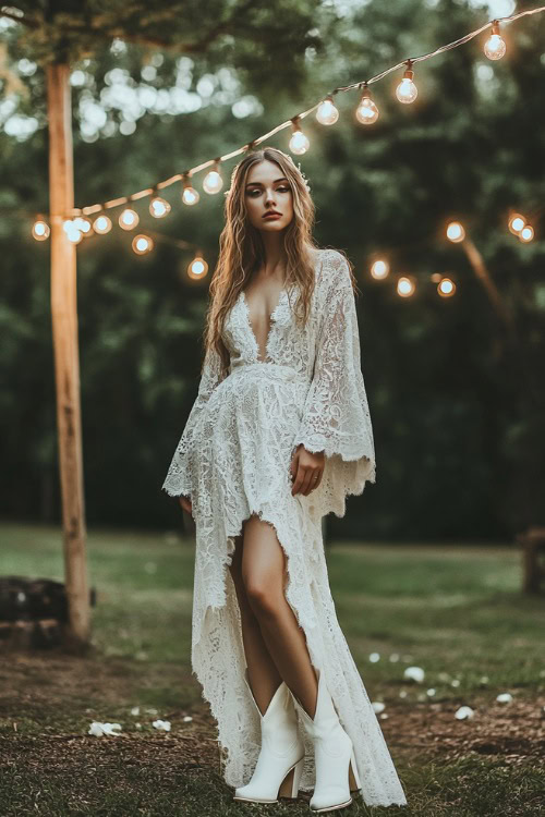 A bohemian-inspired bride in a lace boho wedding dress with long bell sleeves, styled with white cowboy boots