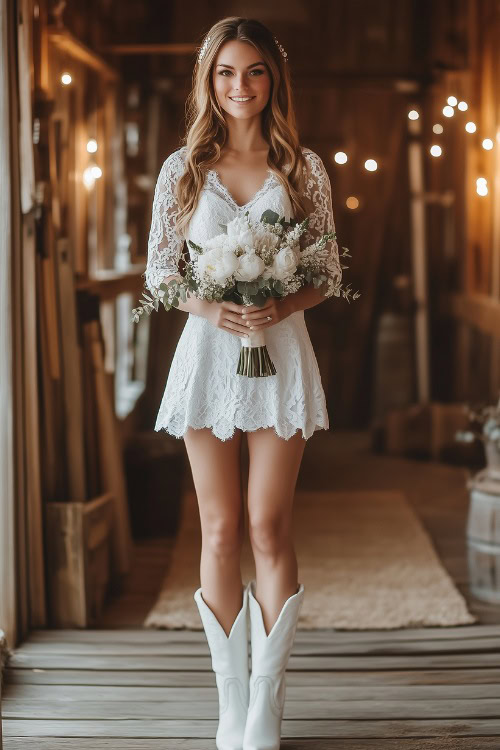 A country-chic bride in a short lace wedding dress with puff sleeves, styled with white cowboy boots. She stands in a softly lit rustic barn, holding her bouquet and smiling warmly