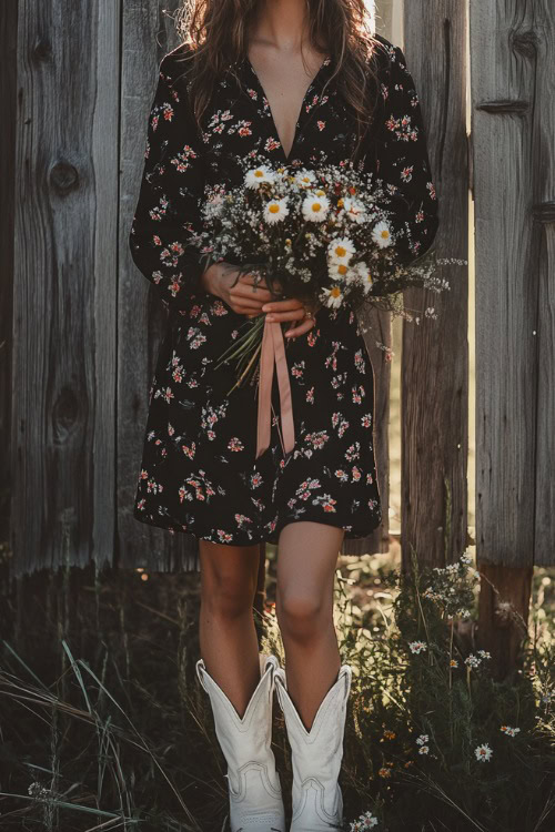 A country-chic look with a black floral print midi dress, cinched at the waist with a leather belt, paired with white cowboy boots