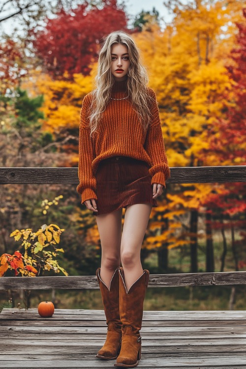 A fashionable woman with knee-high cowboy boots, a corduroy mini skirt, and a chunky knit sweater in burnt orange