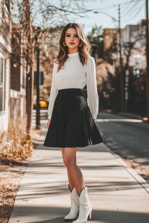 A feminine and flirty outfit featuring a pleated black midi skirt, a white fitted top, and white cowboy boots