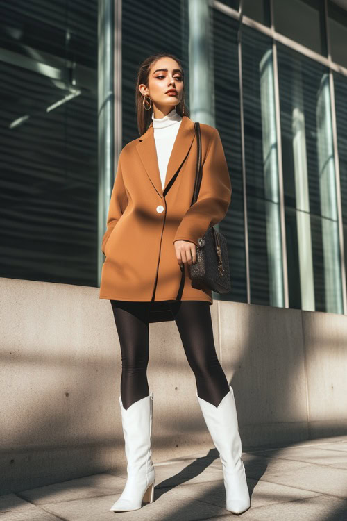 A minimal yet sophisticated look featuring white cowboy boots, black leggings, and a structured camel blazer over a fitted white top.