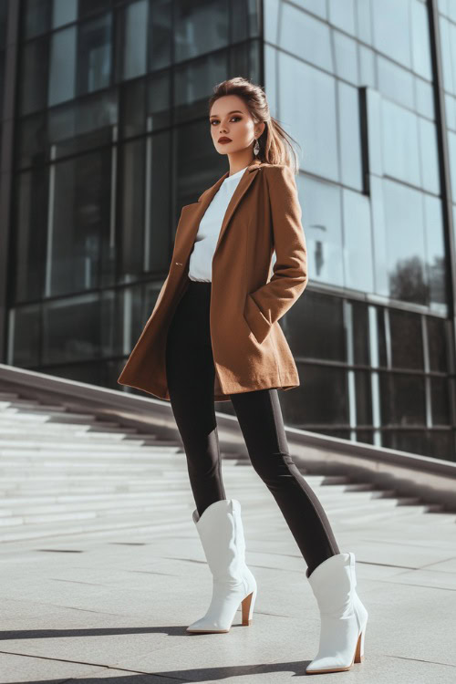 A minimal yet sophisticated look featuring white cowboy boots, black leggings, and a structured camel blazer over a fitted white top