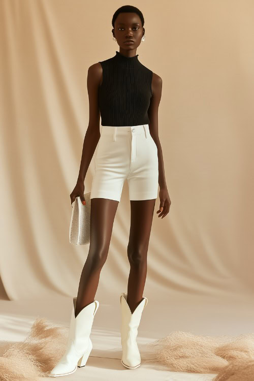 A minimal yet sophisticated outfit featuring white cowboy boots, tailored white shorts, and a black sleeveless mock-neck top