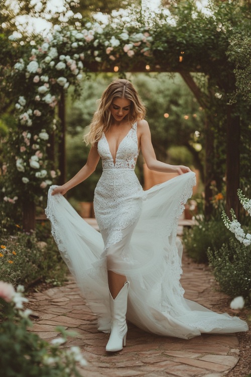 A modern Western bride in a fitted mermaid-style wedding dress with sheer lace details, paired with white cowboy boots