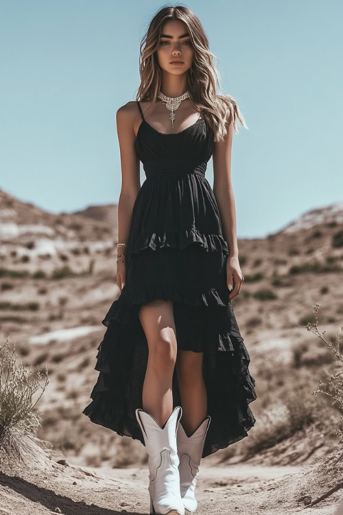 A modern Western-glam outfit featuring a black tiered maxi dress with a plunging neckline, paired with white cowboy boots