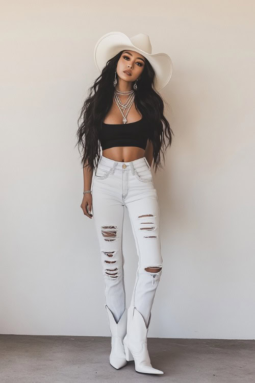 A modern Western-inspired outfit featuring a woman in white cowboy boots, ripped mom jeans, a black fitted bodysuit, and a white wide-brim hat