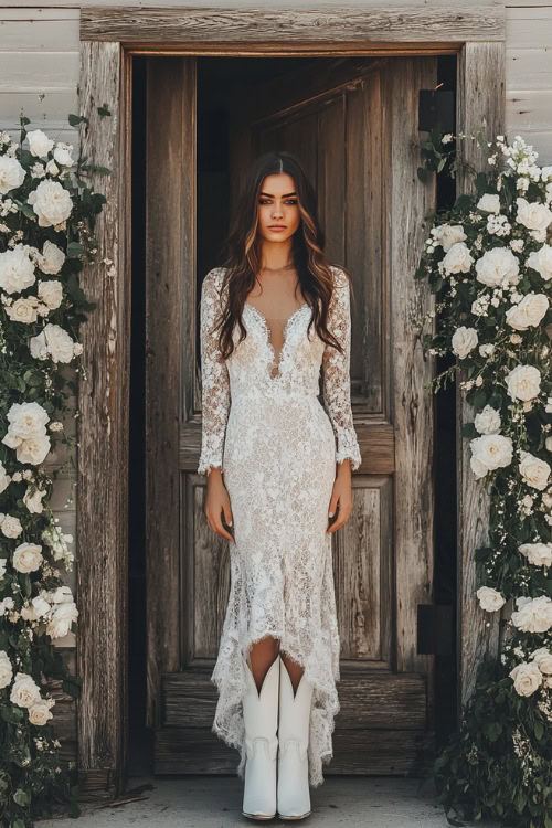 A rustic wedding look featuring a bride in a tea-length lace wedding dress, paired with white cowboy boots