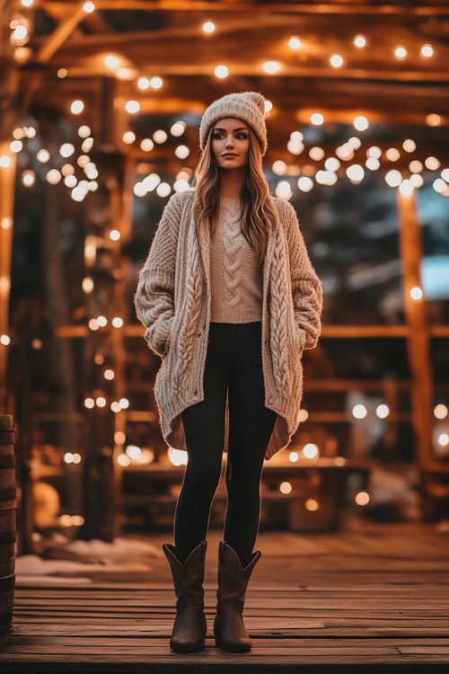 A stylish woman in dark cowboy boots, thick leggings, an oversized cardigan with cable knit details, and a beanie