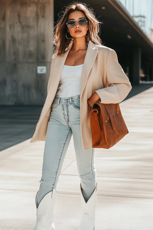 A stylish woman wearing white cowboy boots, light-wash skinny jeans, a fitted white tank top, and a beige oversized blazer