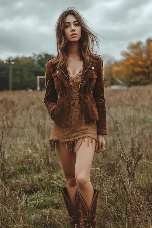 A stylish woman wears a suede mini dress layered with a cropped jacket and dark brown cowboy boots