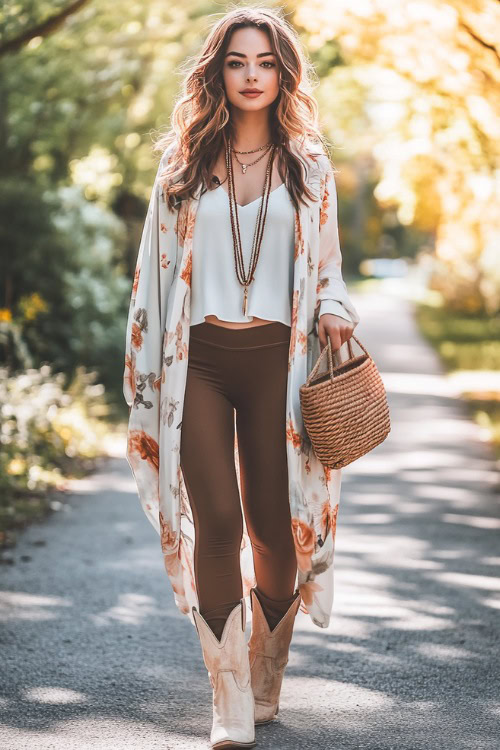 A trendy spring outfit with white cowboy boots, dark brown leggings, and a long flowy kimono with floral prints. She carries a woven clutch and wears layered necklaces