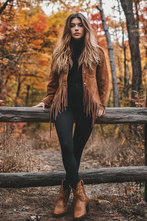 A trendy woman dressed in a suede fringe jacket layered over a fitted turtleneck sweater and black leggings, paired with tan cowboy boots