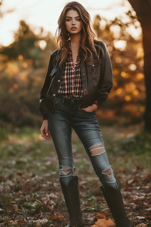 A woman at an outdoor wears a stylish autumn outfit_ black cowboy boots, high-waisted jeans with a distressed look, a tucked-in flannel shirt, and a cropped leather jacket with fringe details