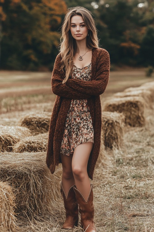 A woman in brown leather cowboy boots and a boho-style floral dress with long sleeves, layered with a thick cardigan