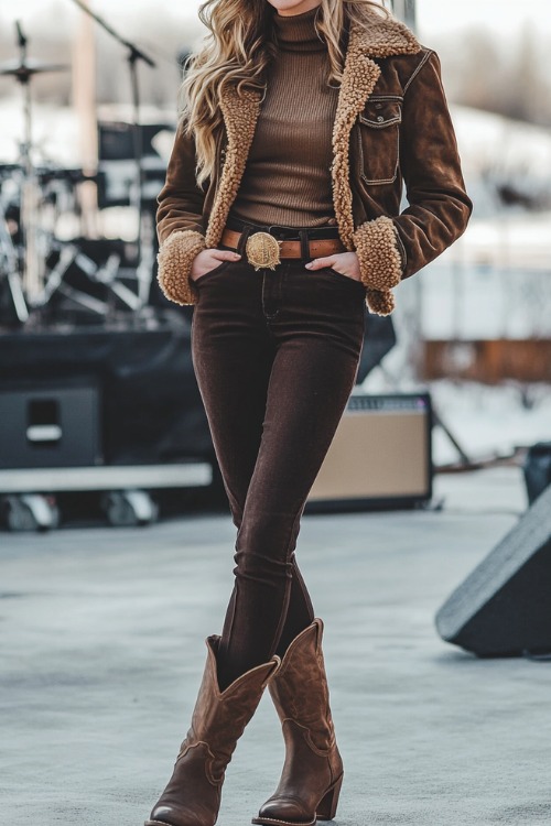 A woman in classic brown cowboy boots, dark wool trousers, a fitted turtleneck, and a shearling jacket, with her hands in her pockets