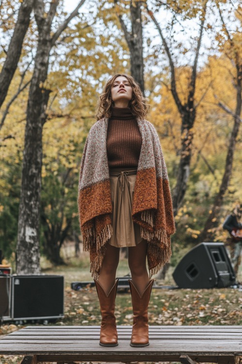 A woman standing on a wooden bench at an open-air concert, wearing brown cowboy boots, an A-line skirt, and a ribbed turtleneck, layered with a blanket scarf in warm autumn colors