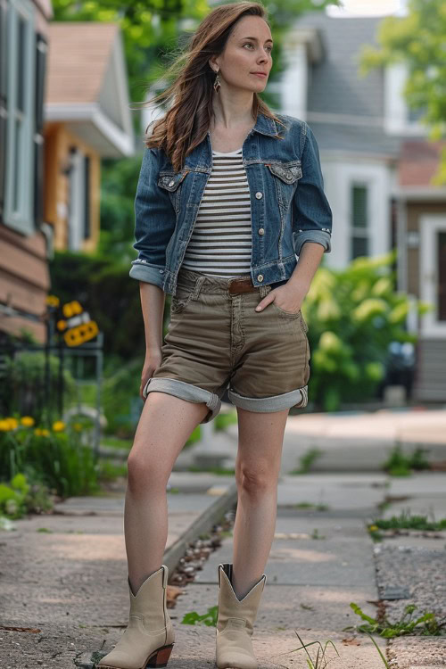 A woman wears beige cowboy boots with shorts, denim jacket and striped tee