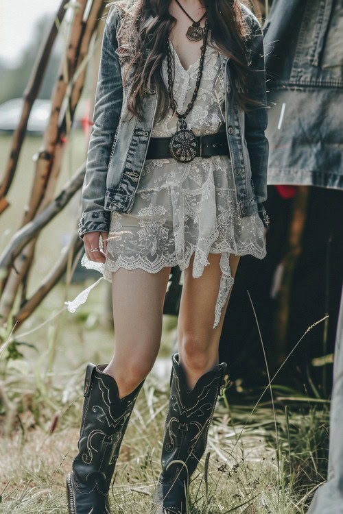 A woman wears black cowboy boots with dress and denim coat