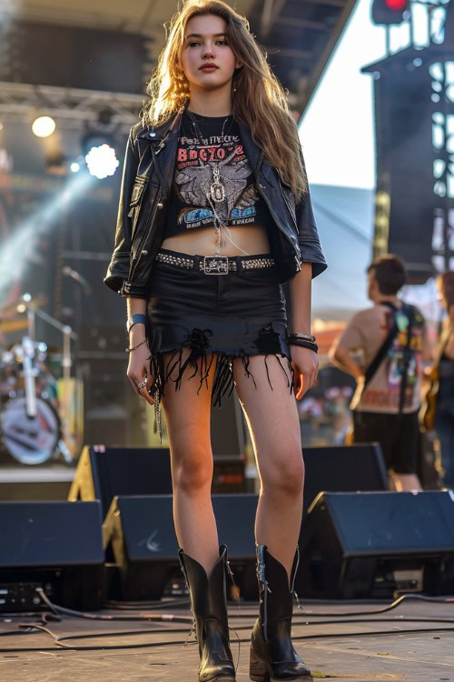 A woman wears ripped leather skirt with black cowboy boots, tee and a coat