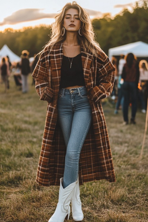 A woman wears white cowboy boots, jeans, black tank top and oversized plaid coat at the concert